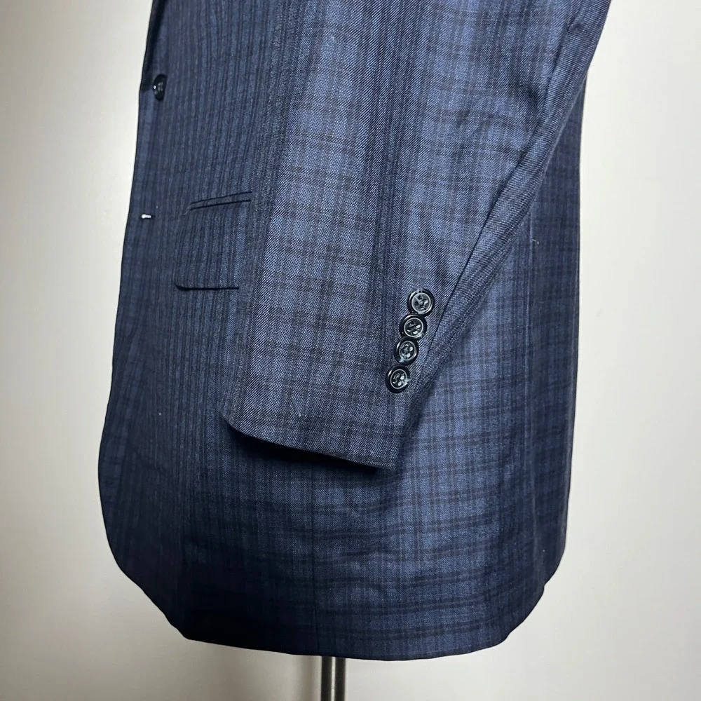 Royal Classic Blazer Mens 44L Navy Blue Plaid Two Button Notch Lapel Vintage